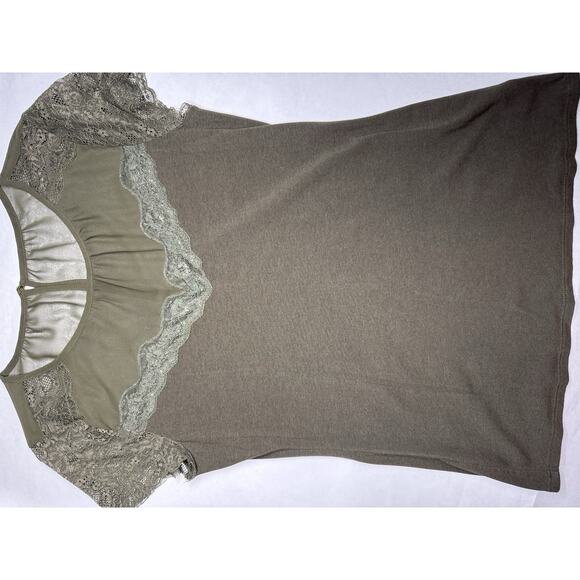 Express Sheer Lace Yoke Tee Olive Green Short Sleeve Top Size M Romantic Soft Y2 - Picture 5 of 8